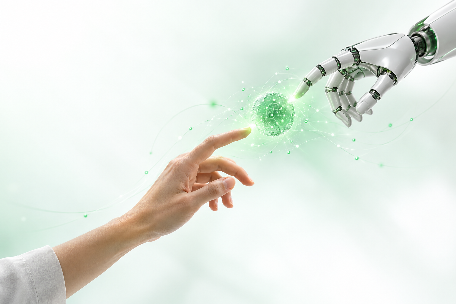 Human and robotic hands connecting through a green digital sphere